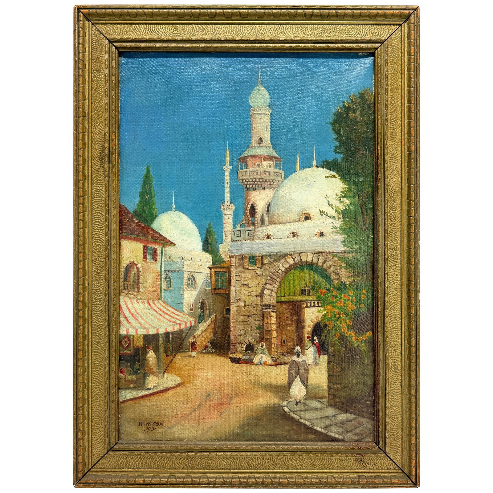 William Cox 1931 Arab Scene Orientalist Oil on Canvas: William Cox 1931 Arab Scene Orientalist Oil on Canvas Experience the enchanting beauty of William Cox's "Arab Scene," an evocative oil on canvas created in 1931. This striking work captures a historic