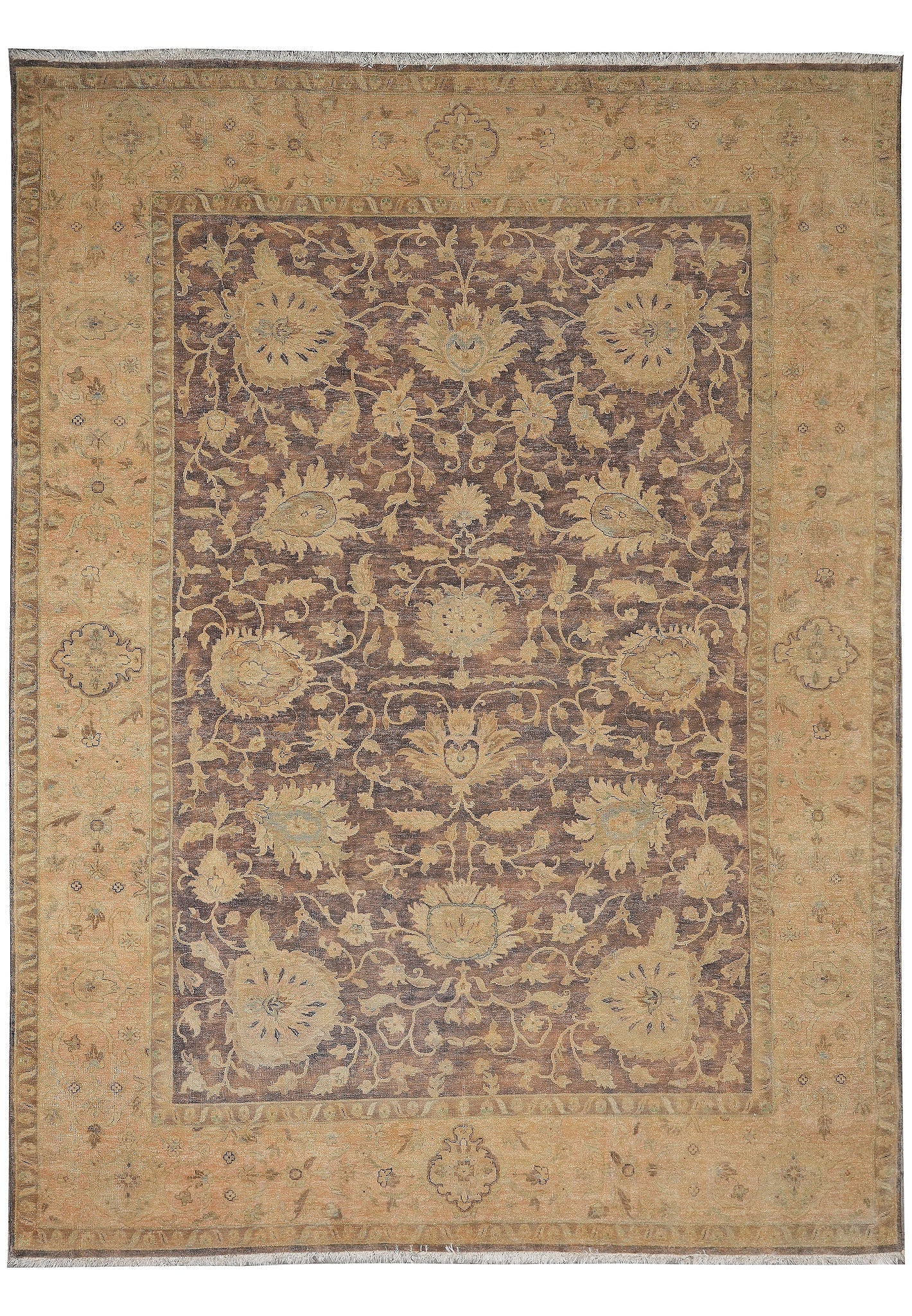 9 x 11.4 Neutral Brown Zigler Chobi Rug Hand-Knotted Natural Wool: 9 x 11.4 Neutral Brown Zigler Chobi Rug Hand-Knotted Natural Wool Free continental US Shipping This rectangular Ziegler Chobi rug features a neutral brown palette with a floral pattern in shades of be