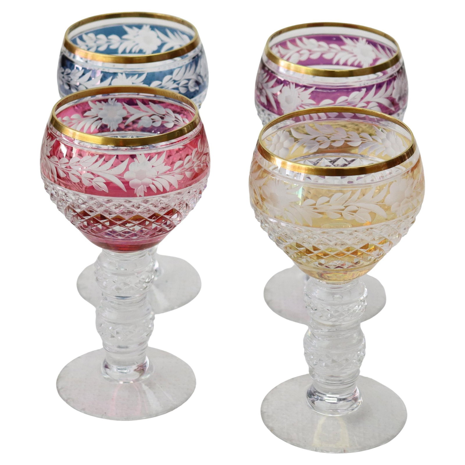 Set of 4 Early 1900s Bohemian Multicolor Floral Cut to Clear Crystal Goblets: Set of 4 Early 1900s Bohemian Multicolor Floral Cut to Clear Crystal Goblets This set includes four antique Bohemian crystal stemmed glasses from the early 20th century, each featuring multicolored fl