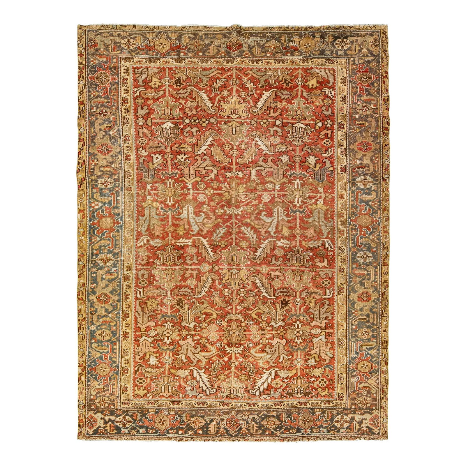 1920s Antique Persian Heriz Wool Rug Rust Allover Design 7'10 x 10'5: 1920s Antique Persian Heriz Wool Rug Rust Allover Design 7'10 x 10'5 Discover the exquisite craftsmanship of this antique Persian Heriz rug, hand-knotted from high-quality wool. The striking rust-colo