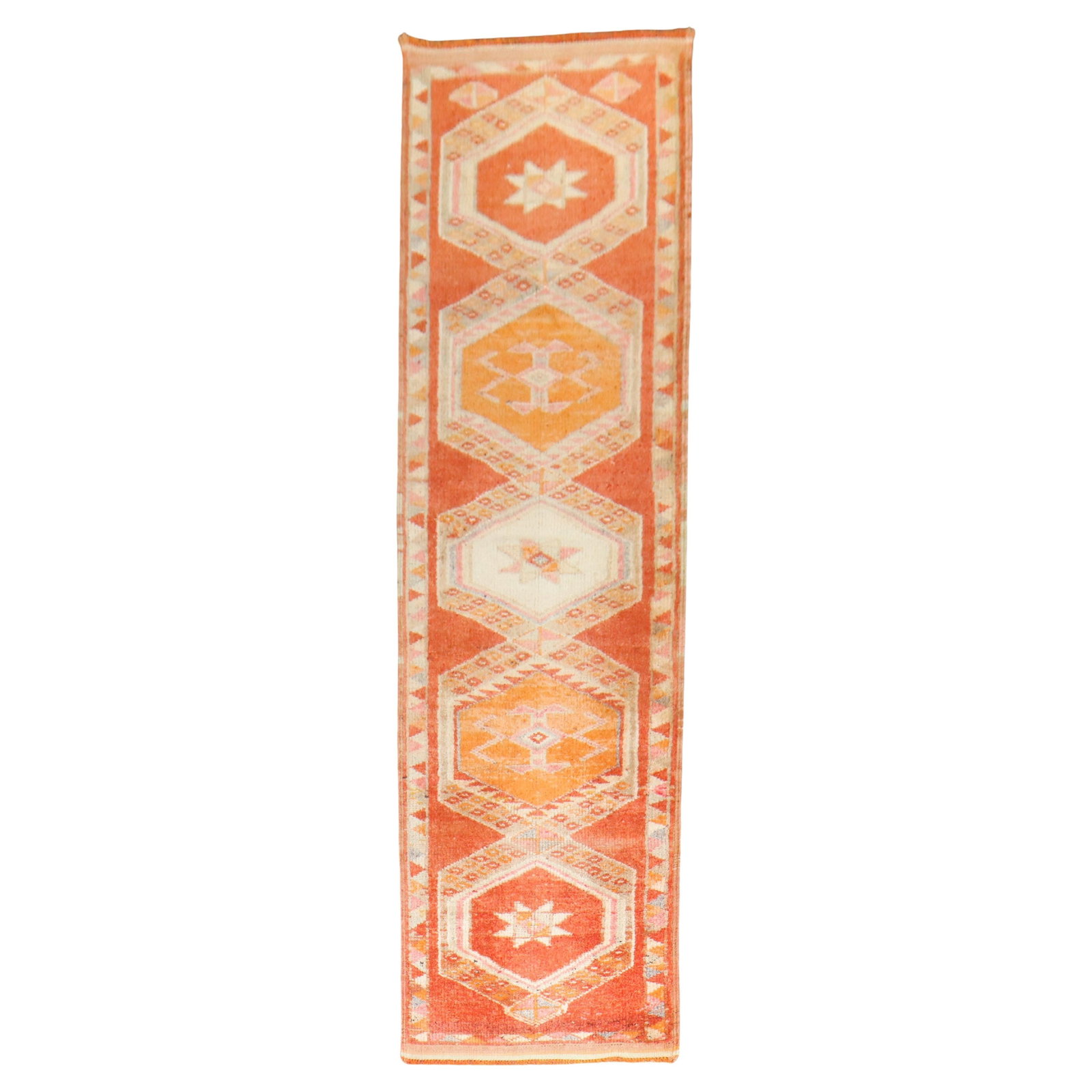 Mid 20th Century Turkish Wool Runner Rug 2'10" x 11'3": Mid 20th Century Turkish Wool Runner Rug 2'10" x 11'3" This vintage Turkish Anatolian runner features a vibrant orange color and showcases a futurist style. Hand-woven from wool in the mid-20th centur