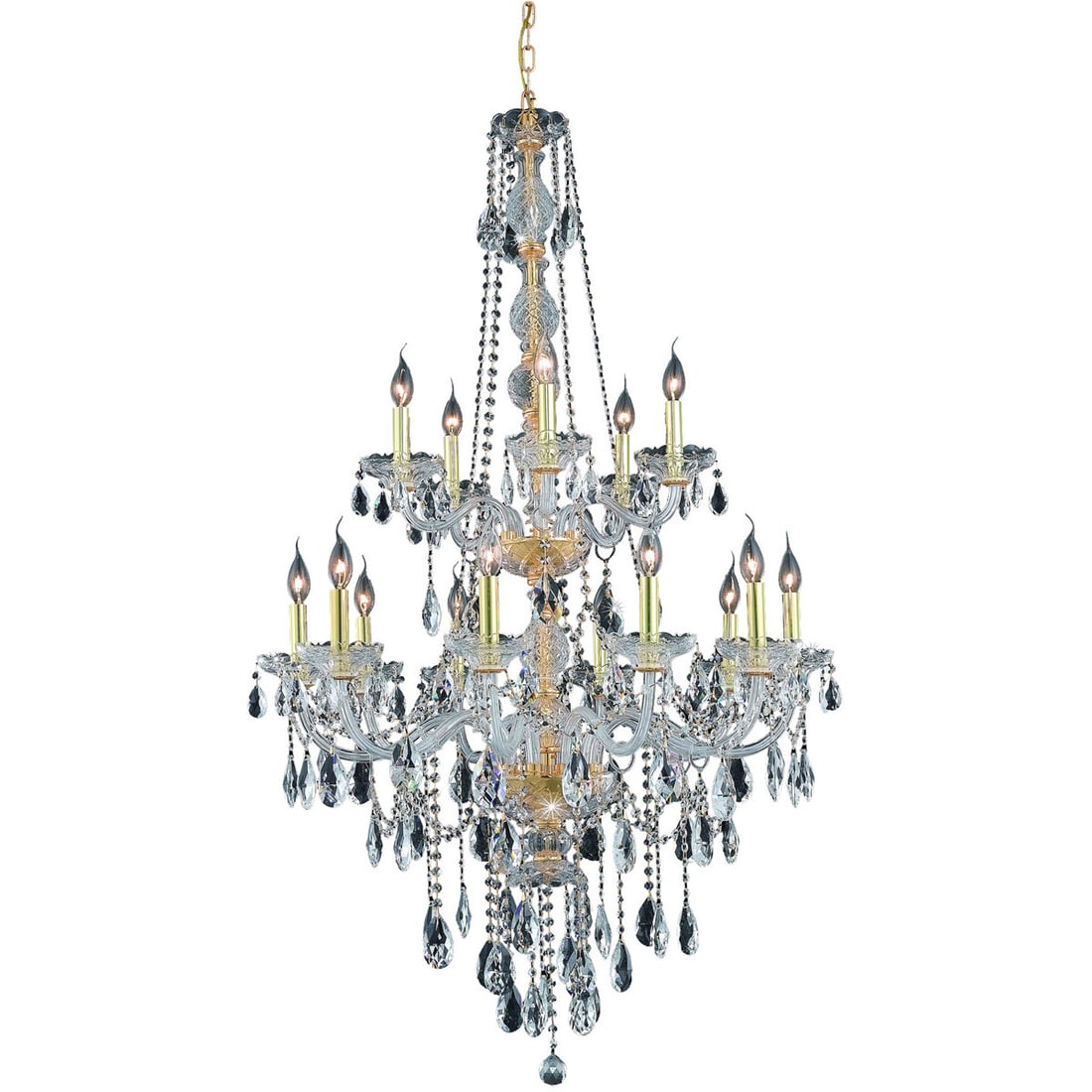 Verona 15-Light Gold Crystal Foyer Chandelier 52 inch: Verona 15-Light Gold Crystal Foyer Chandelier 52 inch This large chandelier features 15 lights and is designed in the Venetian style with clear, royal cut teardrop crystals and a gold finish. The fixt