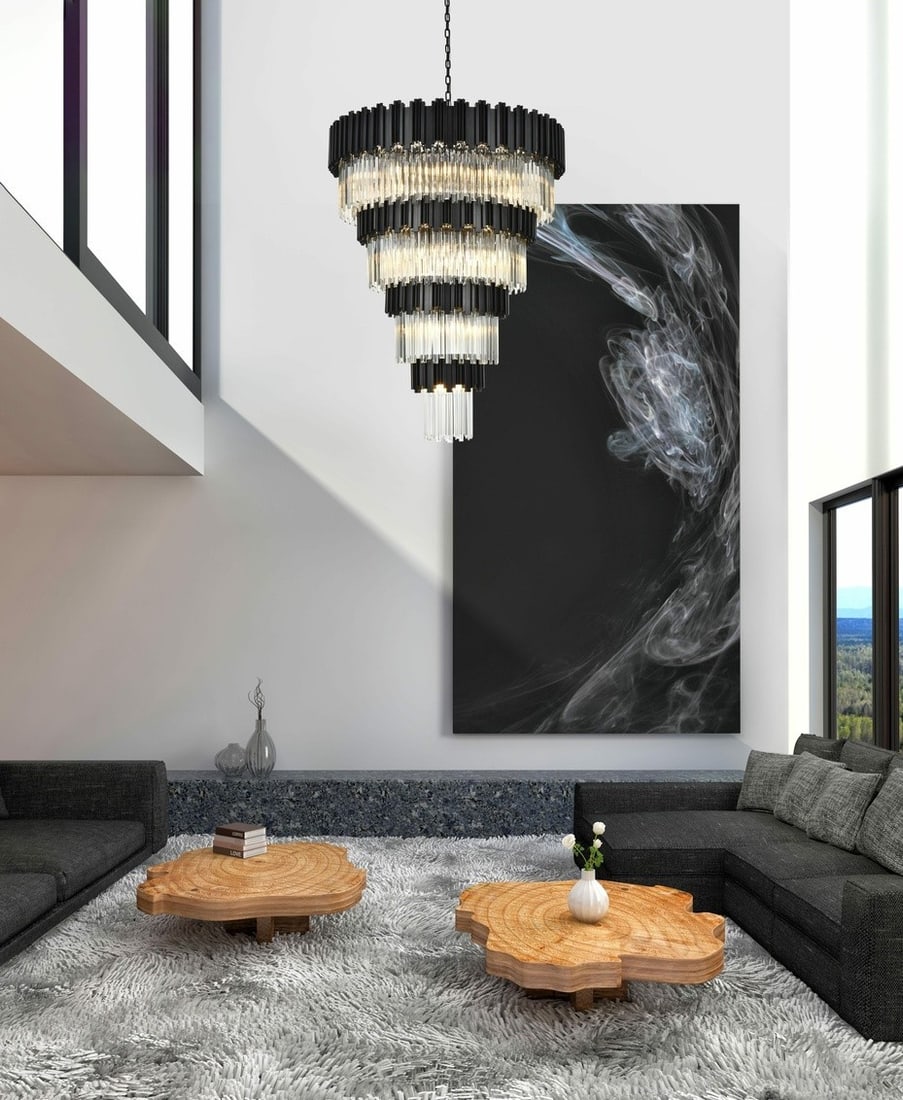 Willow 27-Light Black Crystal Chandelier 52.3 Inch: Willow 27-Light Black Crystal Chandelier 52.3 Inch This large, modern chandelier features a striking black frame adorned with high-quality Royal Cut clear crystals, offering a sophisticated centerpiec
