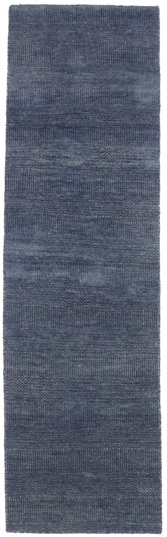 Blue Wool Hand Knotted Runner Rug 2'0 x 6'7 Grass Pattern: Blue Wool Hand Knotted Runner Rug 2'0 x 6'7 Grass Pattern This modern Oriental runner rug features a contemporary blue grass pattern, ideal for enhancing hallways, kitchens, or bedrooms. Hand-knotted 
