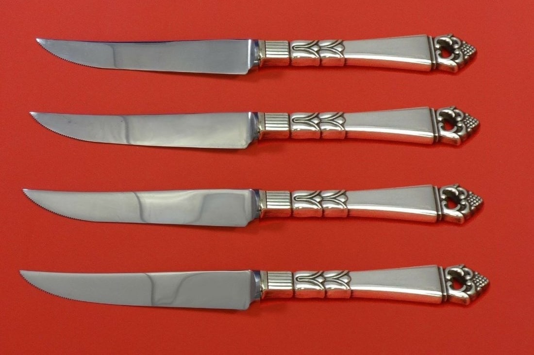 Frigast Danish Crown Sterling Silver Steak Knife Set 4pc Custom 8.5": Frigast Danish Crown Sterling Silver Steak Knife Set 4pc Custom 8.5" Enhance your table setting with this exquisite 4-piece steak knife set in the Danish Crown pattern by Frigast. Crafted from high-qu