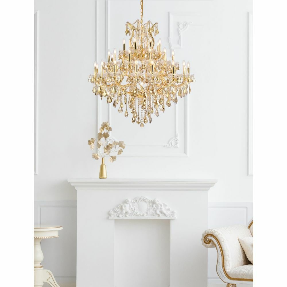 Maria Theresa 37 light gold crystal foyer chandelier 44 inch: Maria Theresa 37 light gold crystal foyer chandelier 44 inch This large Maria Theresa chandelier features 37 lights and is designed with royal cut golden teak (smoky) crystals and a gold-plated finish