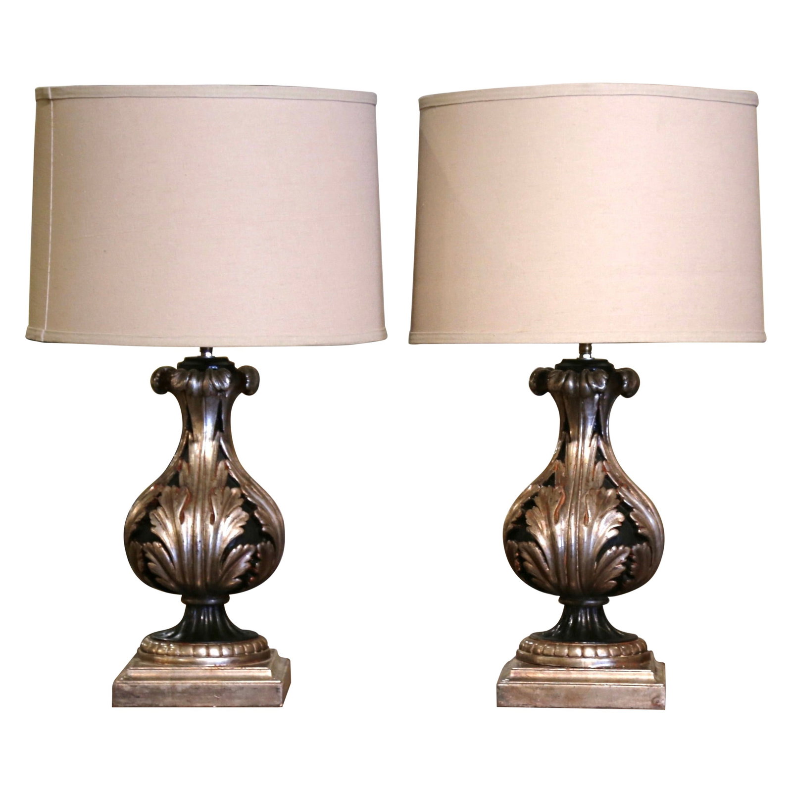 Set of 2 Italian Silver Leaf and Blackened Wood Neoclassical Table Lamps (1 of 7)