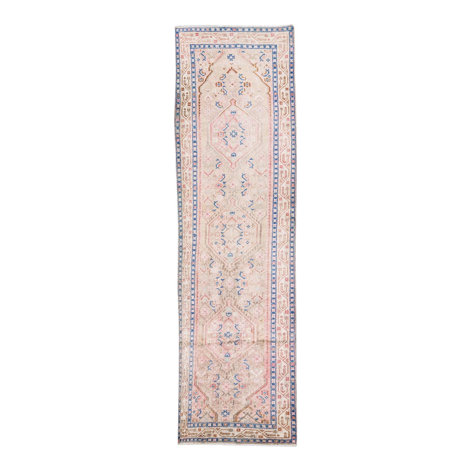 Vintage Persian Hamadan Handmade Beige Wool Medallion Runner 2'10" x 9'10": Vintage Persian Hamadan Handmade Beige Wool Medallion Runner 2'10" x 9'10" This stunning vintage Persian Hamadan runner features a hand-knotted design, showcasing a soft beige field complemented by a 