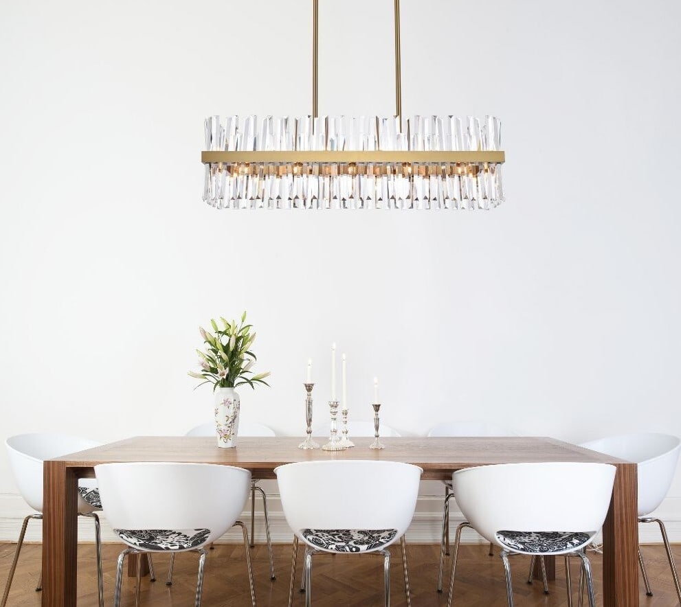 Serephina 24-Light Satin Gold Crystal Chandelier 42 Inch: Serephina 24-Light Satin Gold Crystal Chandelier 42 Inch This modern chandelier features a high-quality satin gold finish and is designed with 24 lights, making it an elegant centerpiece for kitchens,