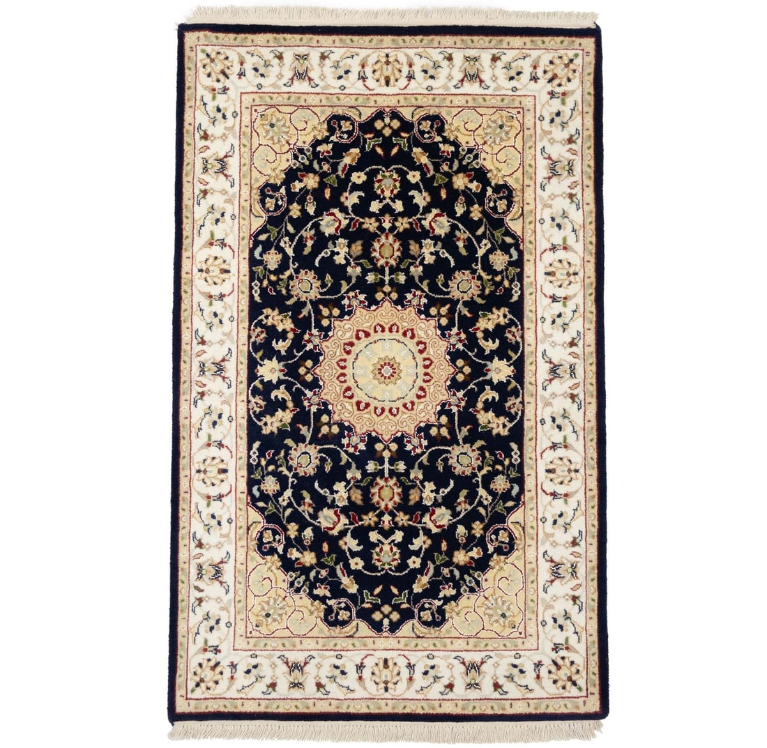 Hand-Knotted 2'8 x 4'3 Black Floral Wool & Silk Oriental Rug: Hand-Knotted 2'8 x 4'3 Black Floral Wool & Silk Oriental Rug Enhance your home decor with this elegant Indo-Nain Black Oriental Rug. This hand-knotted area rug features a beautiful floral design in a 