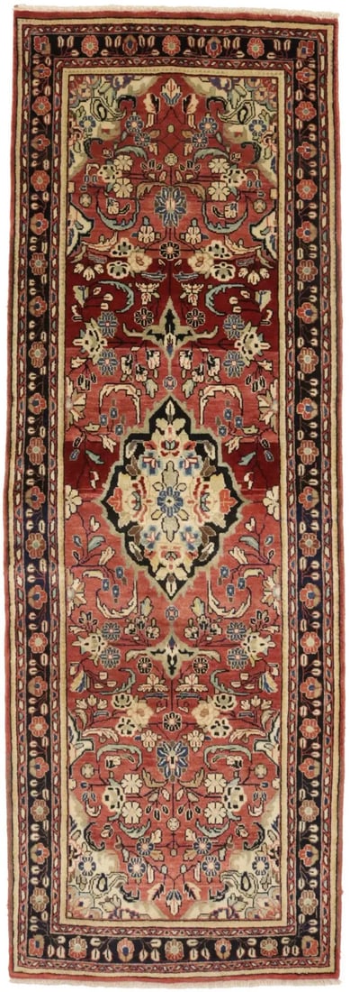 Vintage Hand-Knotted 3'5 x 10 Antique Oriental Runner Rug Floral Design: Vintage Hand-Knotted 3'5 x 10 Antique Oriental Runner Rug Floral Design Enhance your space with this exquisite 3'5" x 10'1" Antique Oriental Runner Rug, featuring a classic red floral design that beau