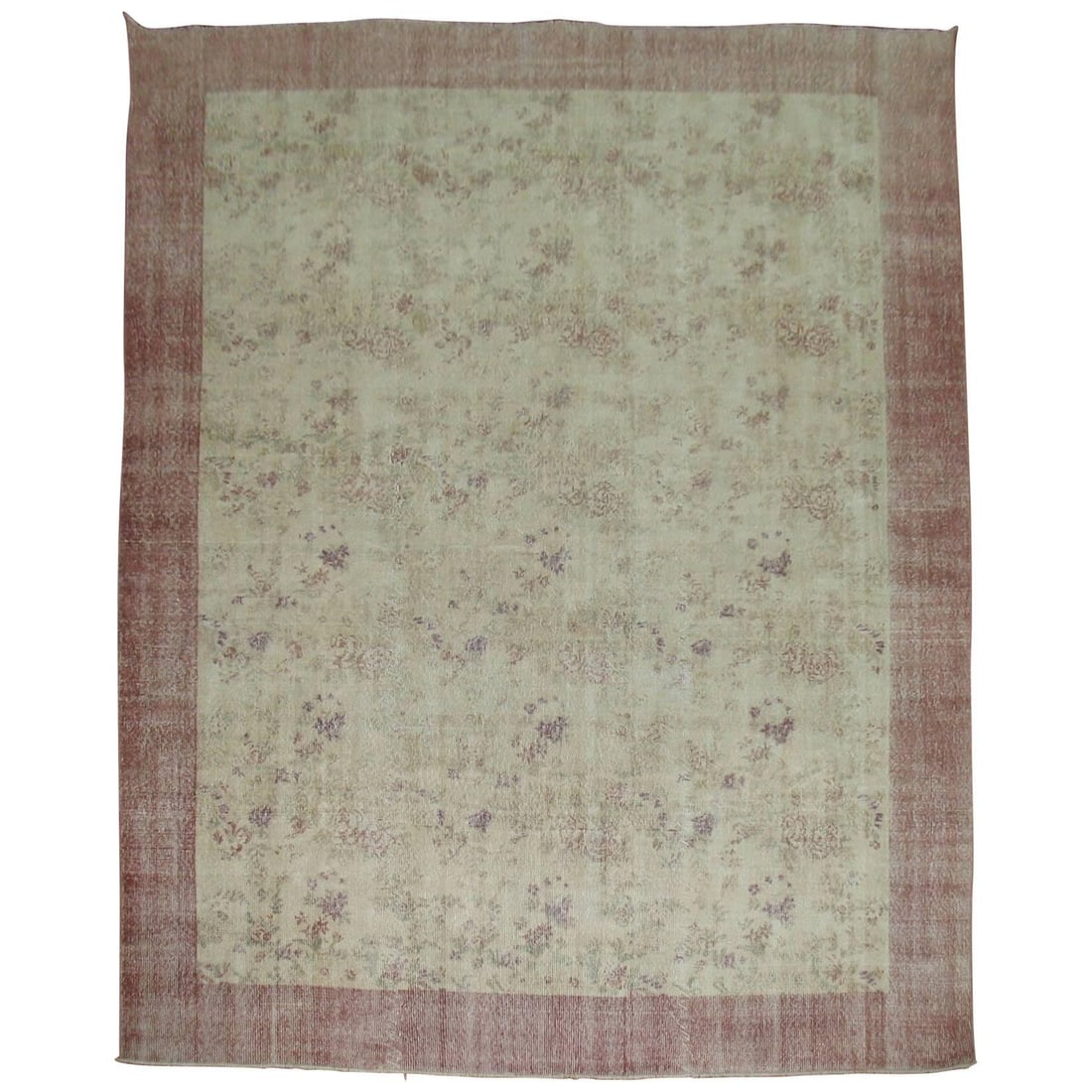 Hand Knotted Wool Turkish Room Rug 7'10 x 10'11 Romantic Floral: Hand Knotted Wool Turkish Room Rug 7'10 x 10'11 Romantic Floral This vintage Turkish room size rug, dating to circa 1940, features a romantic floral design with a worn, shabby chic aesthetic. Hand-kno