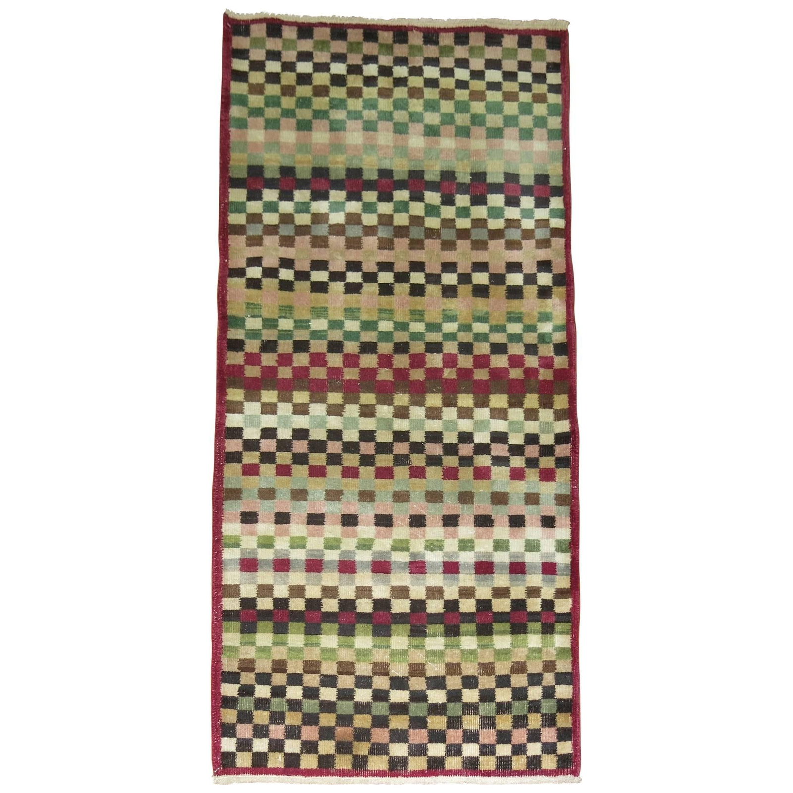Mid Century Turkish Wool Hand Knotted Checkerboard Runner 36 x 81: Mid Century Turkish Wool Hand Knotted Checkerboard Runner 36 x 81 This mid-century Turkish deco runner features a hand-knotted wool construction with an all-over checkerboard pattern. The design is hi