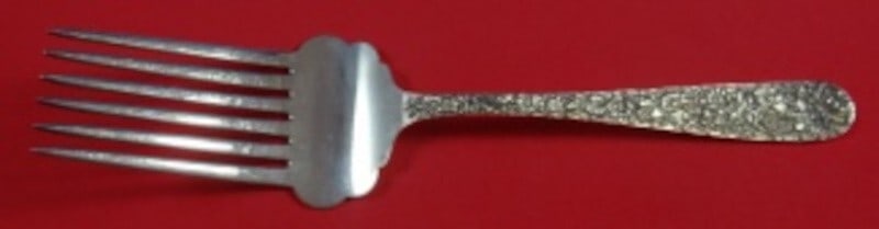 Kirk Repousse Sterling Silver 6-Tine Buffet Fork 10 Inch Monogrammed: Kirk Repousse Sterling Silver 6-Tine Buffet Fork 10 Inch Monogrammed This exquisite buffet fork from the renowned Kirk brand features a stunning Repousse pattern. Crafted from high-quality sterling si