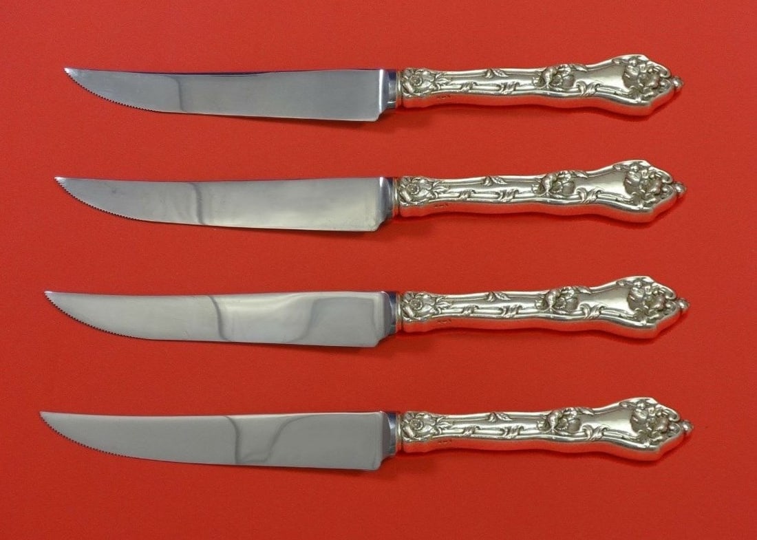 Reed & Barton Intaglio Sterling Silver Steak Knife Set 4pc Custom: Reed & Barton Intaglio Sterling Silver Steak Knife Set 4pc Custom This exquisite 4-piece steak knife set features the Intaglio pattern by Reed & Barton, known for its elegant design and high-quality c