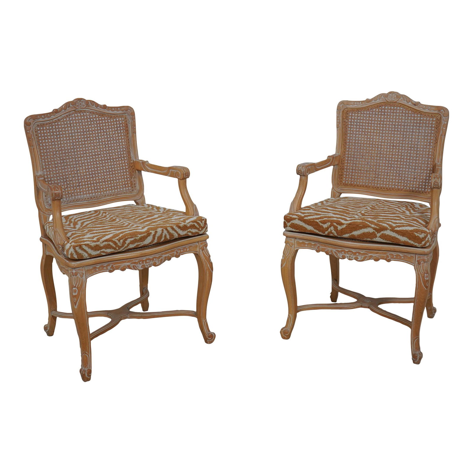 Pair of French Louis XV Cane Back Armchairs with Upholstered Seats: Pair of French Louis XV Cane Back Armchairs with Upholstered Seats This exquisite pair of French Louis XV cane back upholstered armchairs showcases timeless elegance and quality craftsmanship. With ap