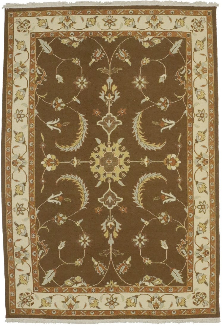 Hand-Knotted Wool Sumak Rug 6'7 x 9'7 Floral Pattern Brown Decor: Hand-Knotted Wool Sumak Rug 6'7 x 9'7 Floral Pattern Brown Decor This large hand-knotted Sumak Oriental rug features a brown floral design with accents of cream, rust, gold, and light gray. Crafted fr