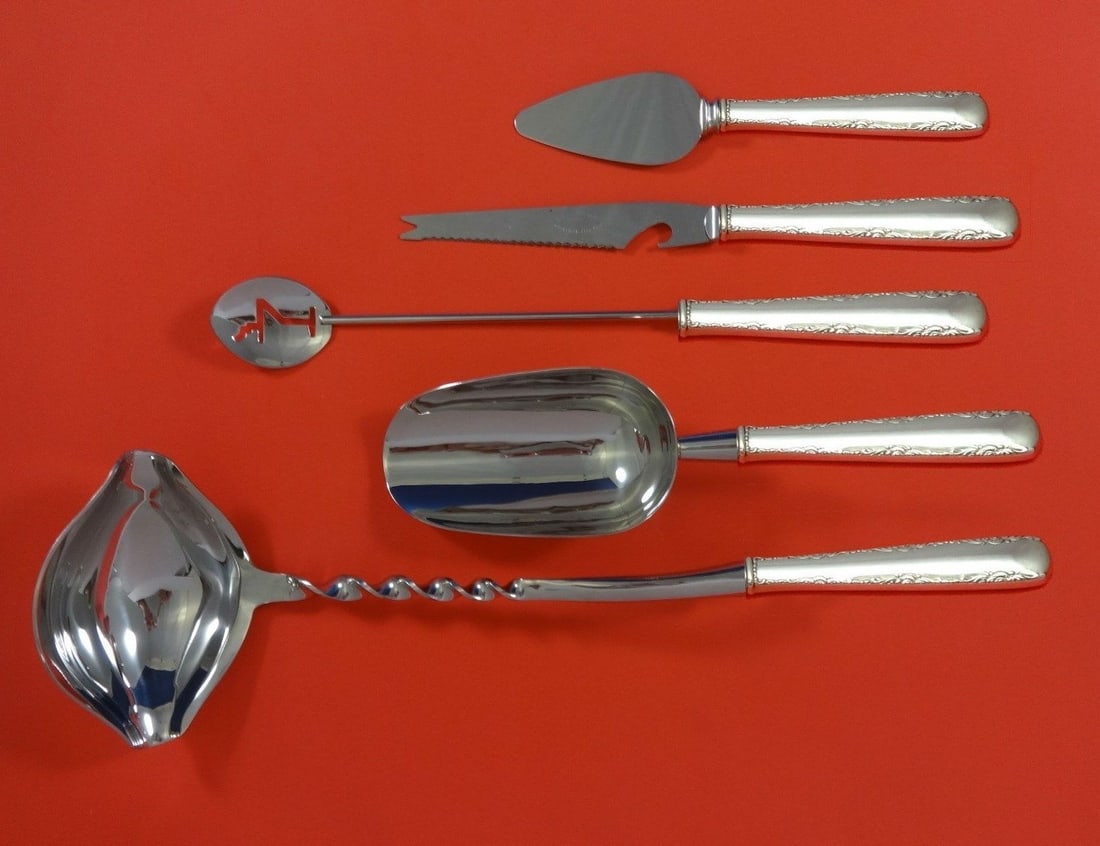 Gorham Camellia Sterling Silver 5pc Cocktail Party Serving Set: Gorham Camellia Sterling Silver 5pc Cocktail Party Serving Set Elevate your cocktail gatherings with the exquisite Camellia by Gorham Sterling Silver Cocktail Party Bar Serving Set. This 5-piece custo