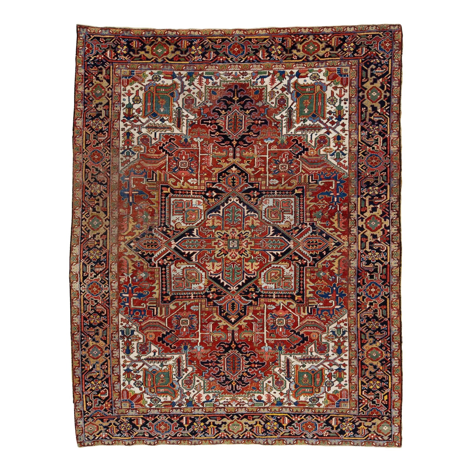 Antique Persian Heriz Wool Rug Multicolor Medallion 7'8 x 9'8: Antique Persian Heriz Wool Rug Multicolor Medallion 7'8 x 9'8 This antique Persian Heriz wool rug showcases a stunning multicolor medallion design set against a rich deep red background. Ideal for lar