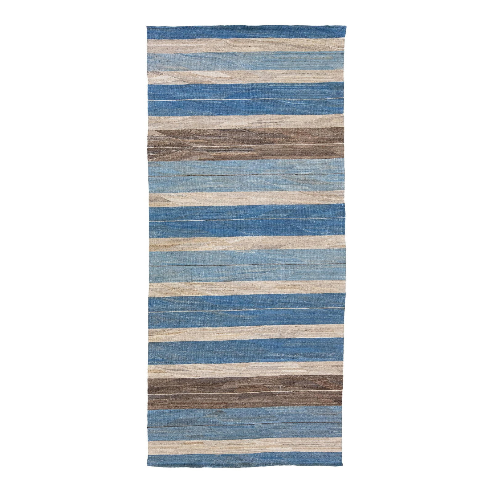 Modern Handmade Wool Runner Blue Brown Striped Kilim 6' x 13'4: Modern Handmade Wool Runner Blue Brown Striped Kilim 6' x 13'4 Enhance your space with this stunning modern flat-weave Kilim rug, meticulously hand-knotted from high-quality wool. Featuring a captivat
