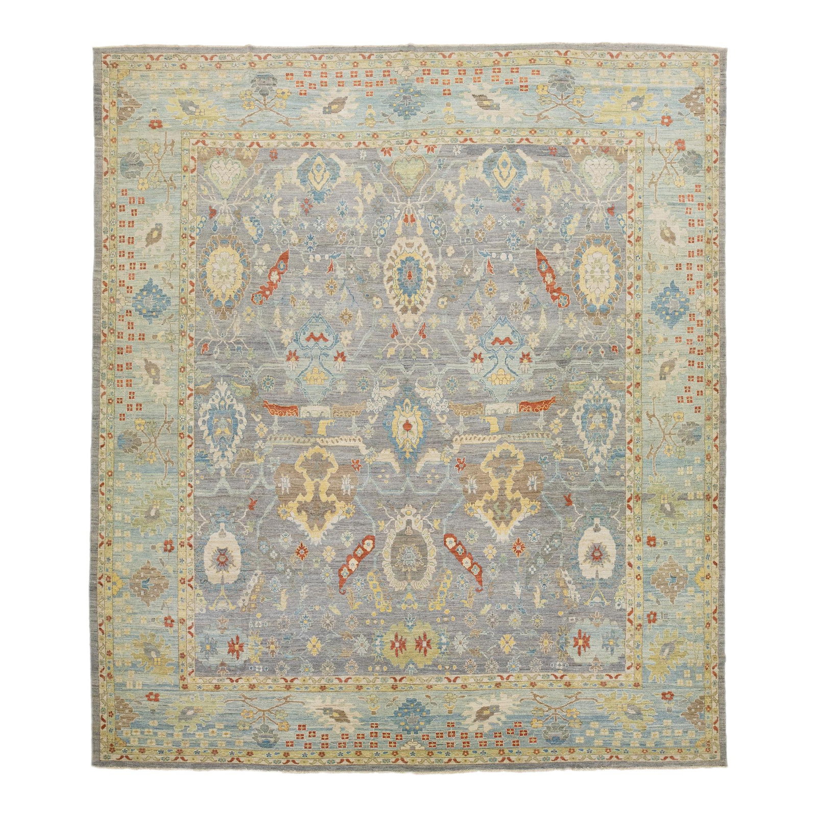 Handmade Gray Wool Rug 14'10 x 16'10 with Colorful Design: Handmade Gray Wool Rug 14'10 x 16'10 with Colorful Design This exquisite oversized hand-knotted wool rug features a sophisticated gray background enhanced with multicolor all-over designs. Measuring 1