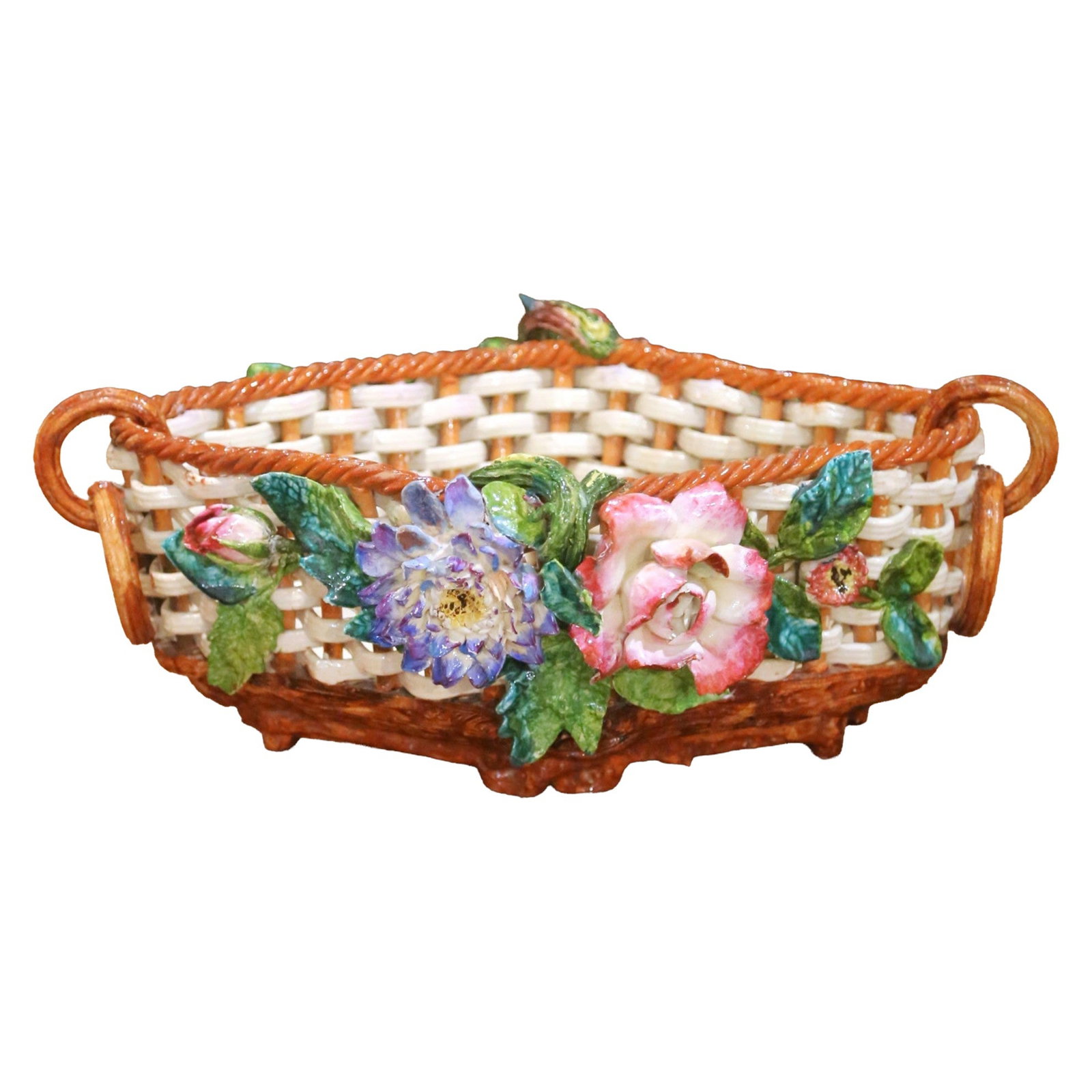 French Barbotine Porcelain Basket Jardiniere Floral Cachepot: French Barbotine Porcelain Basket Jardiniere Floral Cachepot This late 19th-century French barbotine jardiniere is crafted from majolica and porcelain, featuring intricate hand-crafted and hand-painte