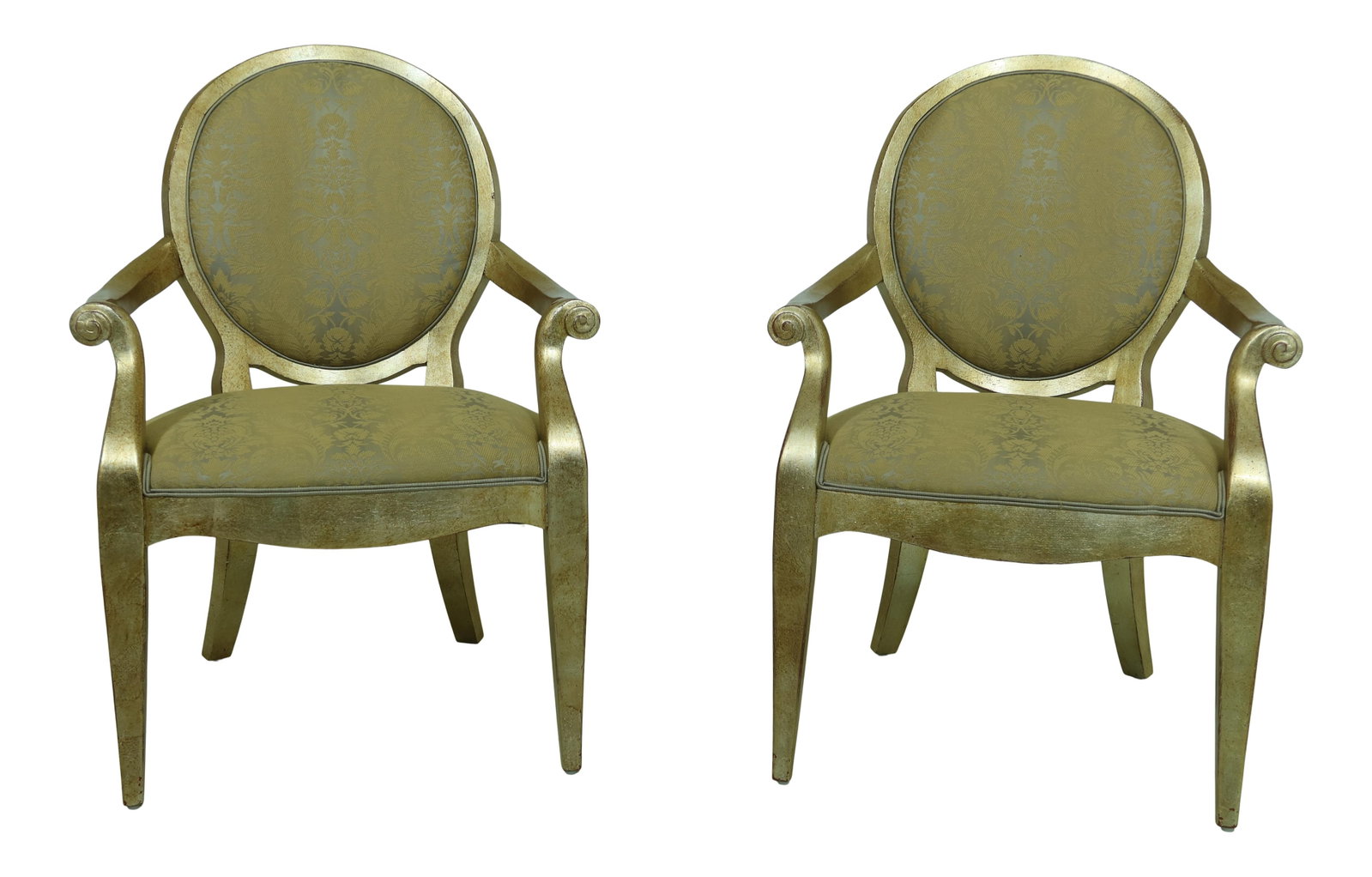 Elegant Henredon Gold Finish Open Armchairs Pair: Elegant Henredon Gold Finish Open Armchairs Pair This exquisite pair of Henredon open armchairs features a stunning gold finish, perfect for adding a touch of elegance to any room. Crafted approximate