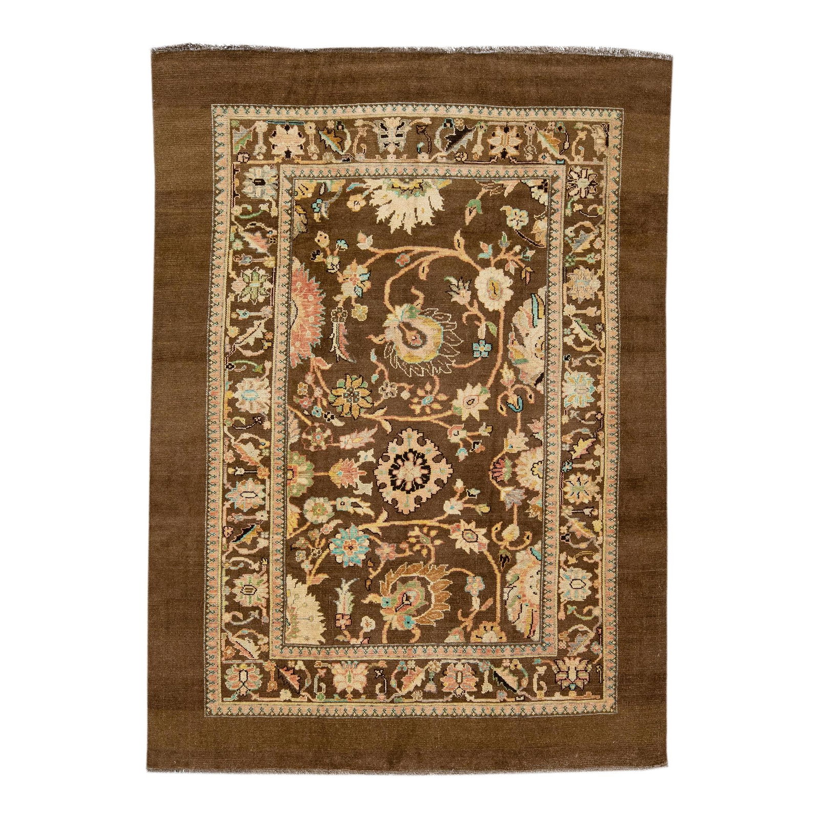 Handmade Brown Wool Rug Mid-Century Modern Floral Design 6'9 x 9'7: Handmade Brown Wool Rug Mid-Century Modern Floral Design 6'9 x 9'7 This exquisite Mid-Century Modern style handmade rug draws inspiration from 19th-century regional artisans, showcasing a timeless ble
