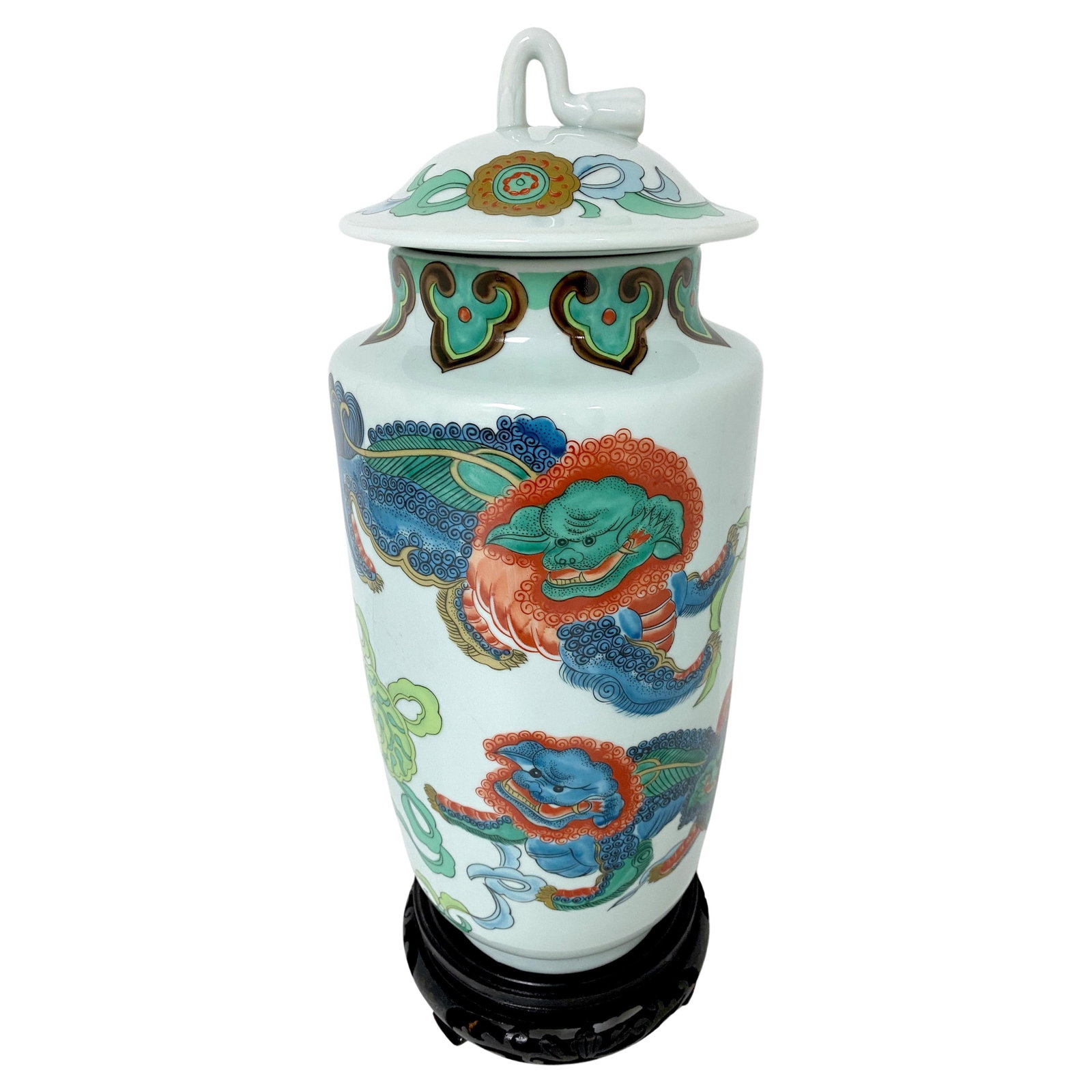 Japanese Arita Foo Dog Motif Covered Urn with Hardwood Stand (1 of 8)
