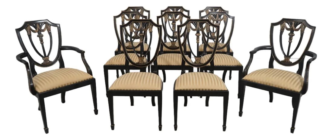 Set of 10 Black Hepplewhite Shield Back Dining Chairs Model 104 (1 of 10)