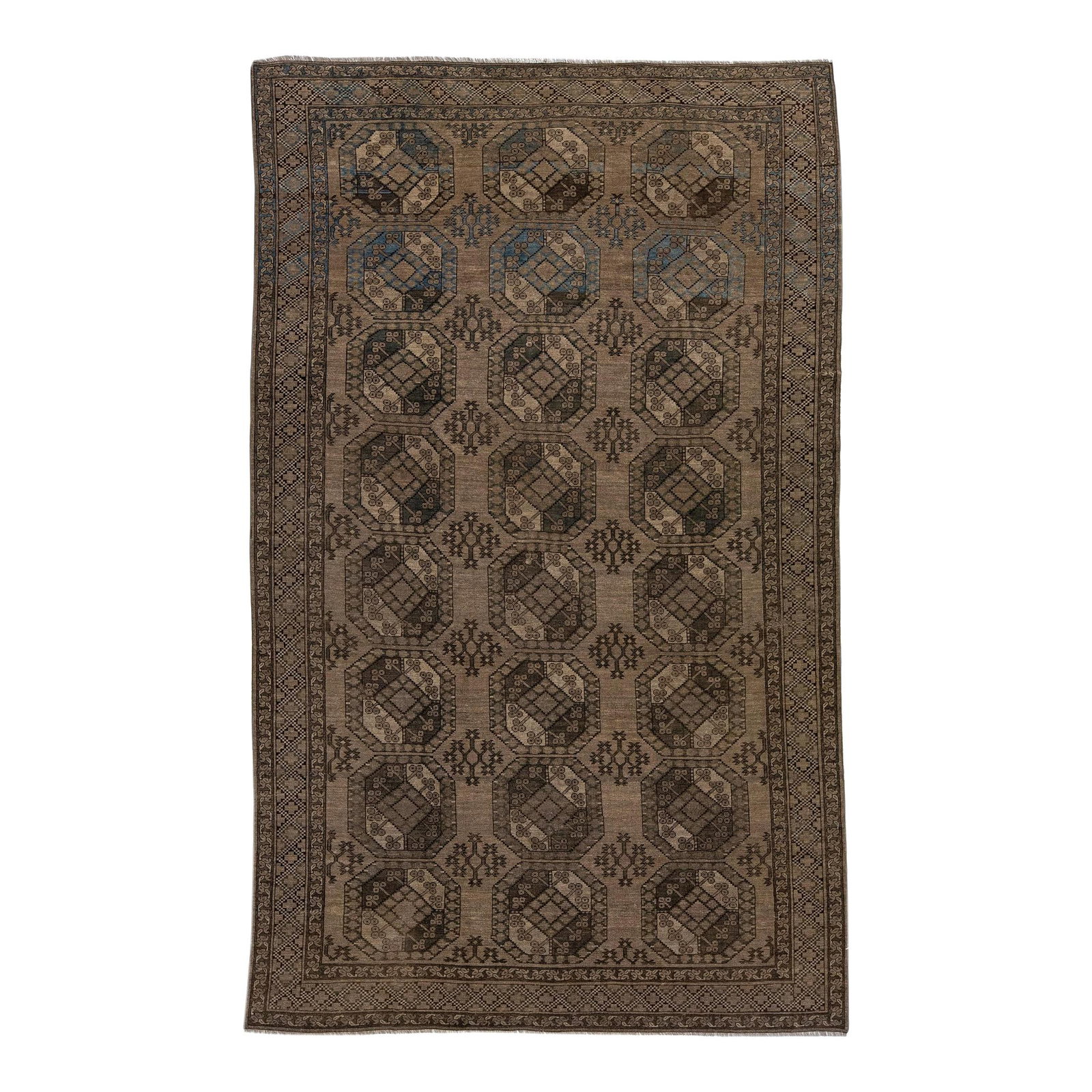 1930s Antique Turkmen Hand-Knotted Wool Rug 7'5" x 12'1" Gul Design: 1930s Antique Turkmen Hand-Knotted Wool Rug 7'5" x 12'1" Gul Design Experience the charm of the 1930s with this antique Turkmen hand-knotted wool rug. Featuring a rich brown color field, the rug showc