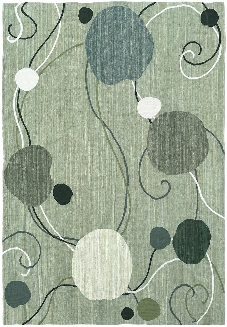 Wool Art Nouveau Flat Woven Tapestry Rug 6 x 9 ft Green (1 of 12)