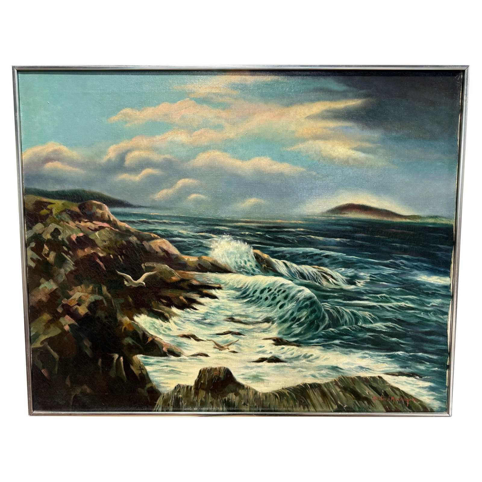 Oil Painting Incoming Fog by Martin J. Murray Maine Coast 1977: Oil Painting Incoming Fog by Martin J. Murray Maine Coast 1977 This is a 1977 oil on canvas coastal landscape titled "Incoming Fog, Maine Coast" by Martin J. Murray (American, 1908-1997). The work is 