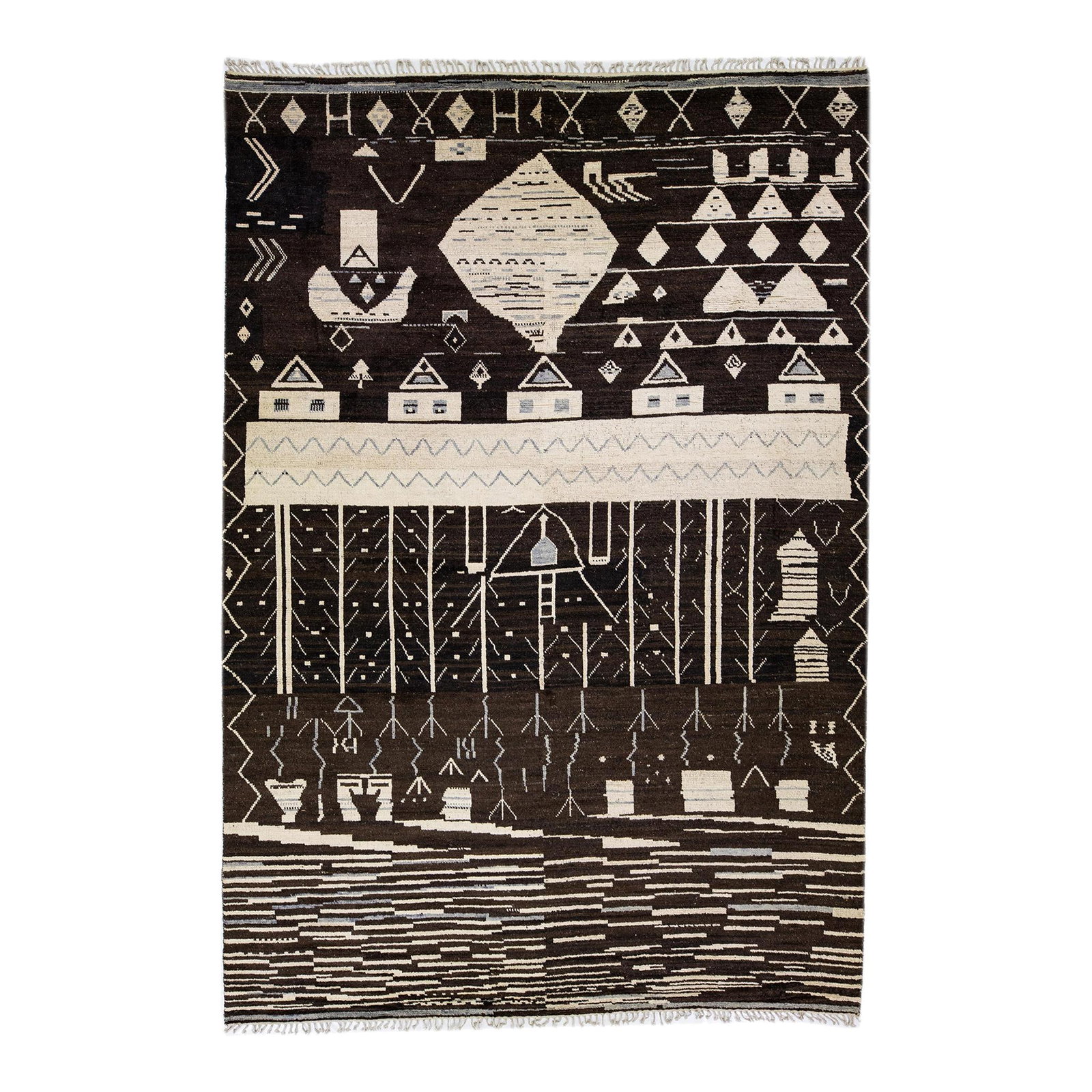 Oversize Modern Moroccan Brown Wool Rug with Tribal Design: Oversize Modern Moroccan Brown Wool Rug with Tribal Design Enhance your living space with this stunning modern Moroccan style hand-knotted wool rug. Featuring a rich brown field and adorned with beige