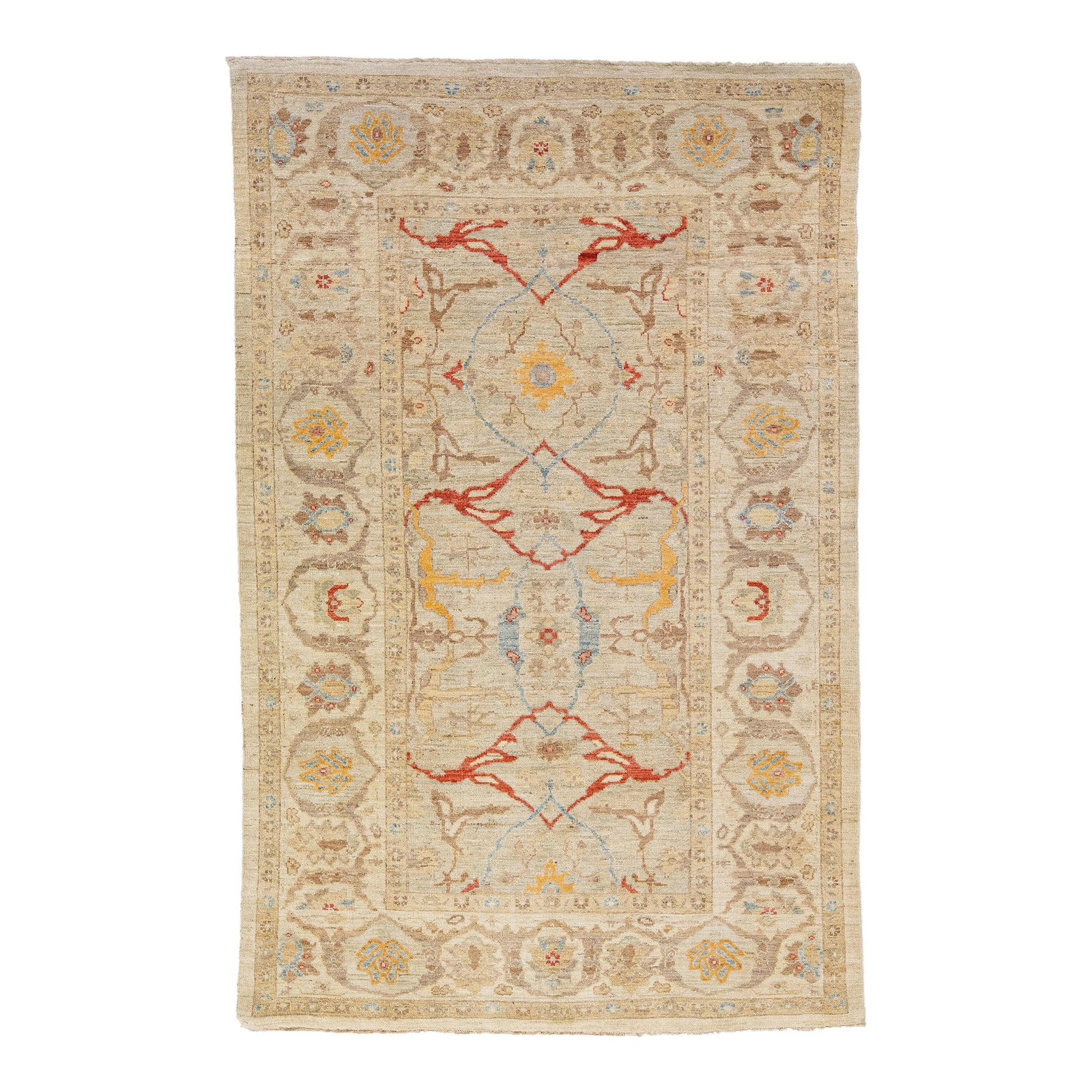 Modern Sultanabad Beige Wool Rug 6'1 x 9'6 Floral Design: Modern Sultanabad Beige Wool Rug 6'1 x 9'6 Floral Design Enhance your living space with this exquisite modern Sultanabad hand-knotted wool rug. Featuring a soft beige color field, it showcases a beaut