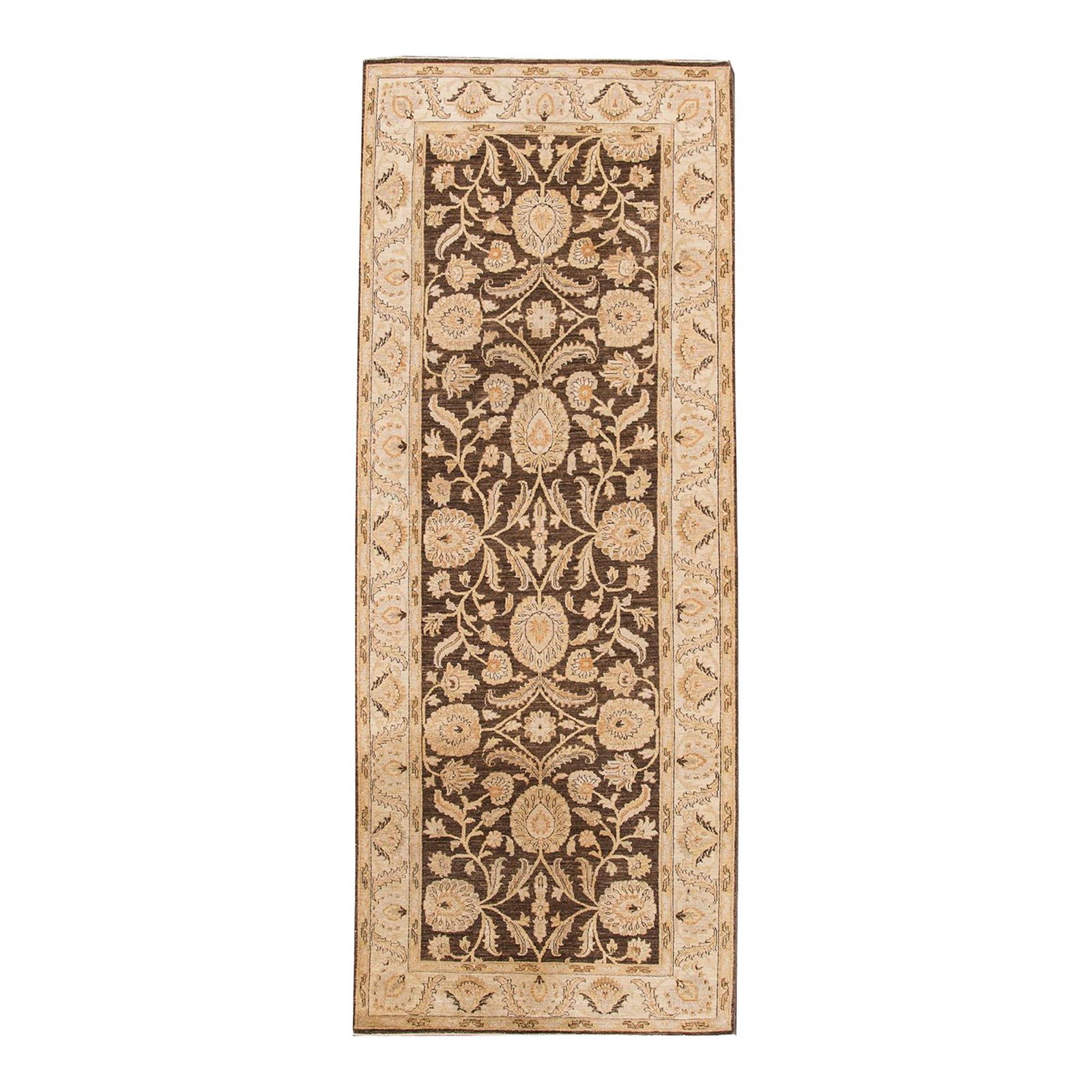 Peshawar Handmade Brown Floral Wool Runner 4'1 x 10'8: Peshawar Handmade Brown Floral Wool Runner 4'1 x 10'8 Enhance your living space with this stunning Modern Peshawar Handmade Wool Runner. Featuring a rich brown field, this hand-knotted rug showcases a