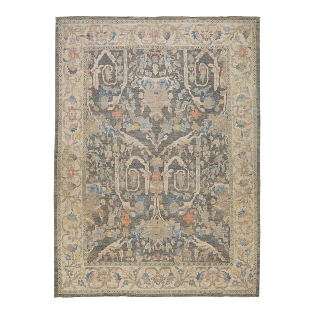 12'1 x 16'7 Sultanabad Style Wool Area Rug With Blue Floral Motifs: 12'1 x 16'7 Sultanabad Style Wool Area Rug With Blue Floral Motifs This modern Sultanabad oriental rug features a meticulously woven central medallion accented by graceful floral and vine motifs. Its 