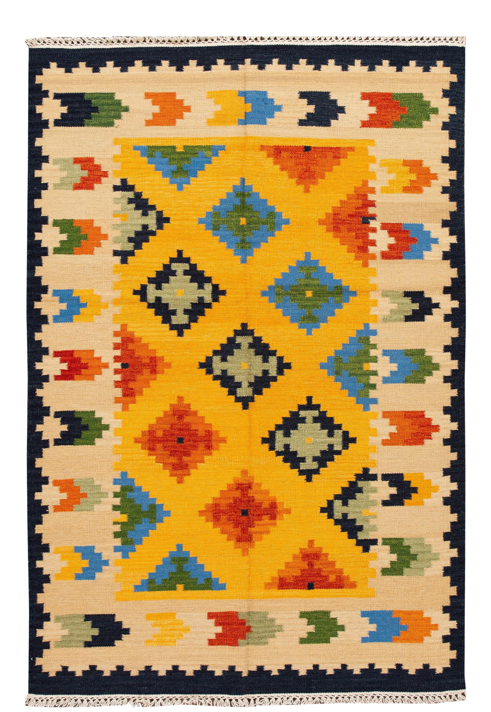 Vibrant Yellow Modern Kilim Rug 5'5" x 8'4" Hand-Woven Wool: Vibrant Yellow Modern Kilim Rug 5'5" x 8'4" Hand-Woven Wool Enhance your space with this stunning hand-woven modern Kilim rug, showcasing a vibrant yellow field framed in ivory, accented with a rich a