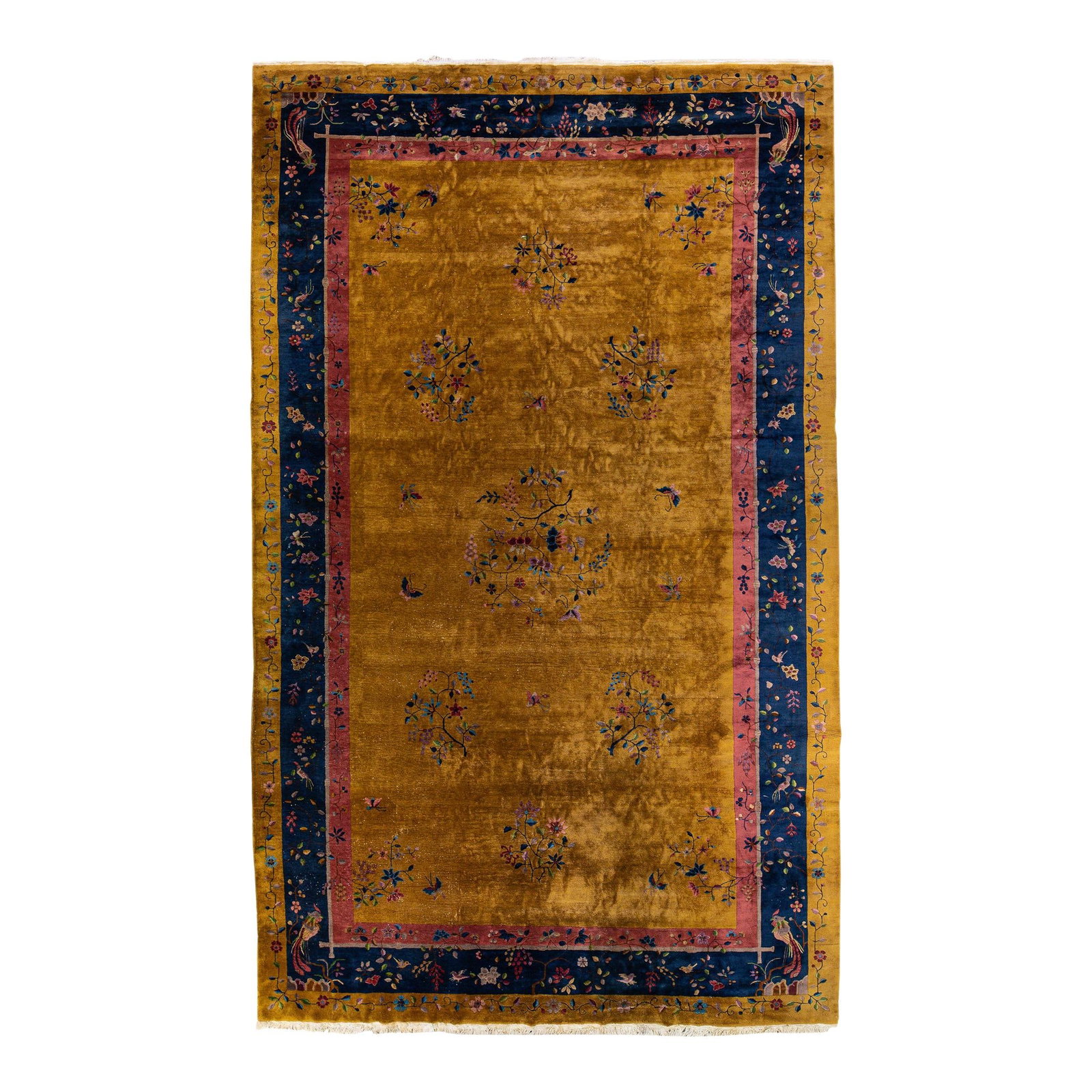 Goldenrod Antique Art Deco Chinese Floral Wool Rug 11'11 x 19'9: Goldenrod Antique Art Deco Chinese Floral Wool Rug 11'11 x 19'9 This exquisite antique Art Deco Chinese rug showcases a stunning goldenrod field adorned with a traditional floral motif. Hand-knotted f
