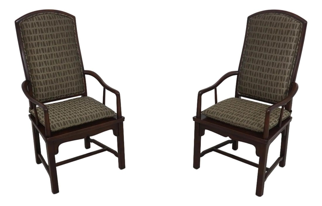 Set of Two Walnut Cane Seat Asian Style Dining Chairs: Set of Two Walnut Cane Seat Asian Style Dining Chairs This pair of Henredon Asian Modern dining chairs features a modern design with cane seats and solid walnut frames. The chairs are finished in brow