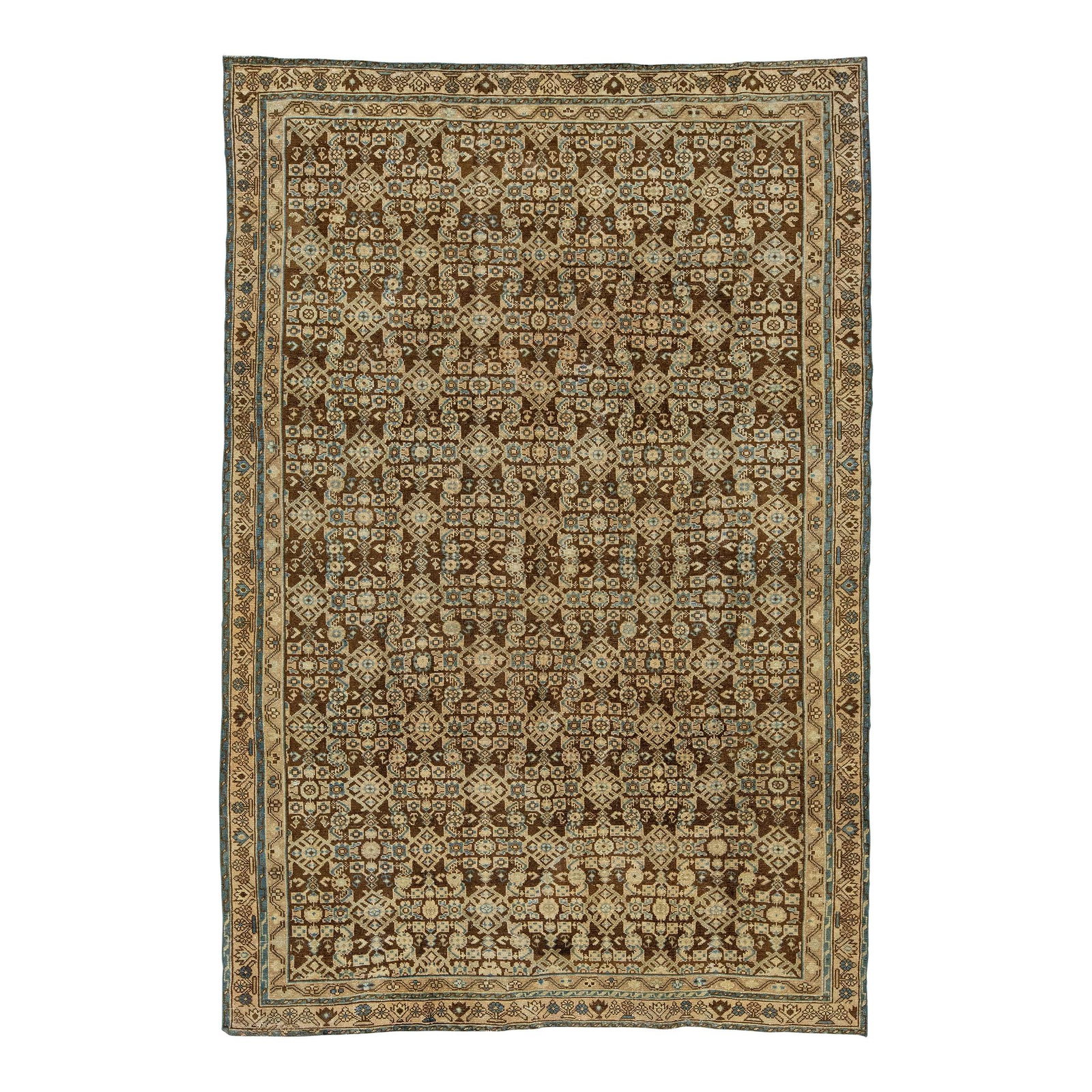 Handmade Persian Malayer Wool Rug Brown with Blue and Beige Accents 6'6" X 9'8": Handmade Persian Malayer Wool Rug Brown with Blue and Beige Accents 6'6" X 9'8" Discover this stunning handmade Persian Malayer rug from the 20th century, showcasing an intricate allover pattern in a 
