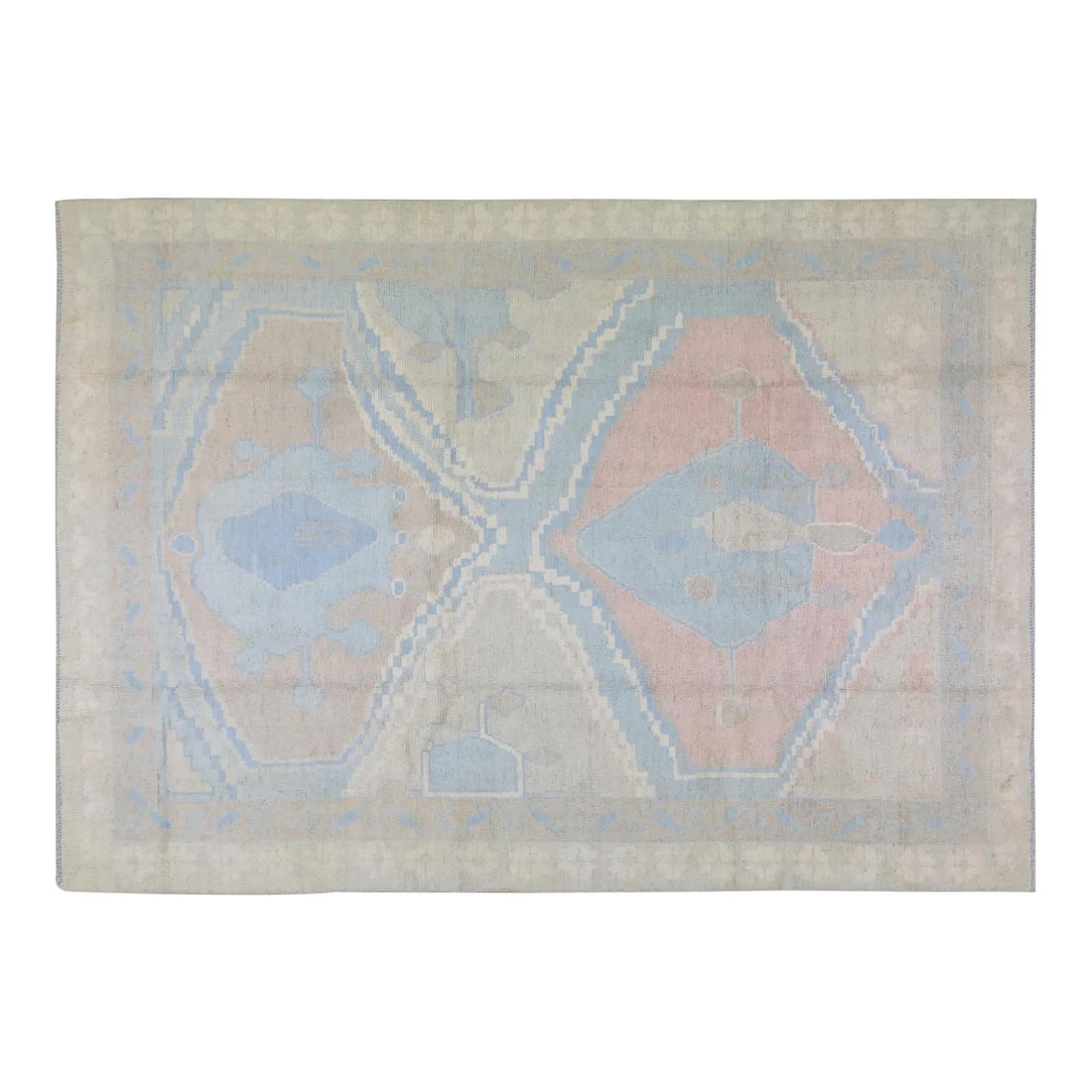 Blue Wool Oushak Area Rug Hand Knotted 8'5 x 12': Blue Wool Oushak Area Rug Hand Knotted 8'5 x 12' This Oushak rug is hand-knotted from wool using traditional rug-making techniques, offering a blend of timeless craftsmanship and modern design. Its so