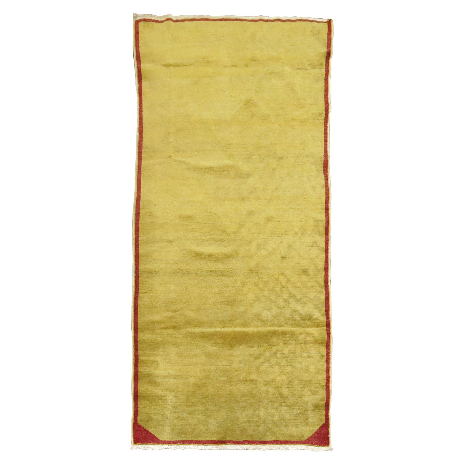 Mid-Century Turkish Wool Minimalist Rug Hand-Knotted 46 x 94 Inches: Mid-Century Turkish Wool Minimalist Rug Hand-Knotted 46 x 94 Inches This vintage Turkish rug from the mid-20th century showcases a minimalist design with a pea green field bordered by a thin, red narr