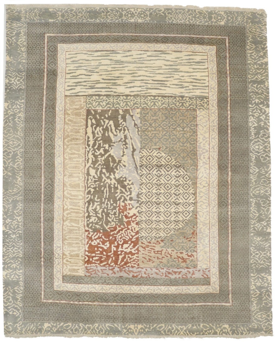 Hand-Knotted Wool Bamboo Silk Area Rug 8'0 x 9'10 Modern Abstract Multicolor: Hand-Knotted Wool Bamboo Silk Area Rug 8'0 x 9'10 Modern Abstract Multicolor This is a handmade modern area rug featuring a plush texture with a blend of wool and bamboo silk/viscose. Showcasing an ab
