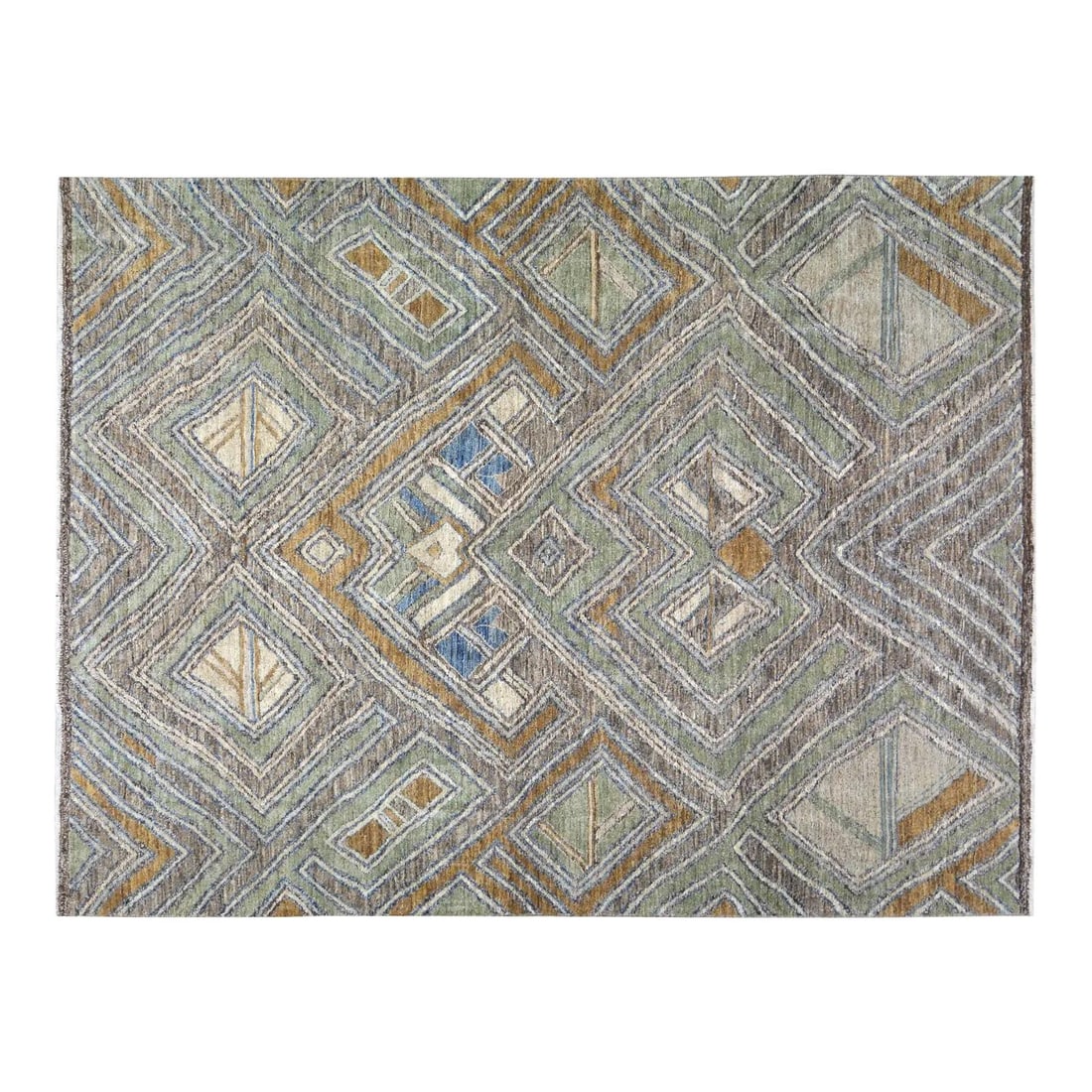 Olive Wool Area Rug Hand Knotted Moroccan Sheba 11'5'' x 15': Olive Wool Area Rug Hand Knotted Moroccan Sheba 11'5'' x 15' This Moroccan Sheba hand-knotted wool rug is crafted using traditional techniques, blending classic artistry with a modern design sensibili