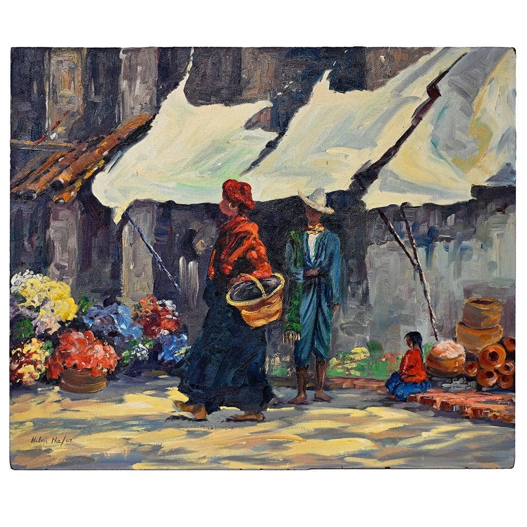 Signed Helen Hafer Americana Village Oil Painting on Board 25 x 30: Signed Helen Hafer Americana Village Oil Painting on Board 25 x 30 This is an original oil painting on board titled "Village Scene" by Helen Hafer, an American artist recognized for her landscape work
