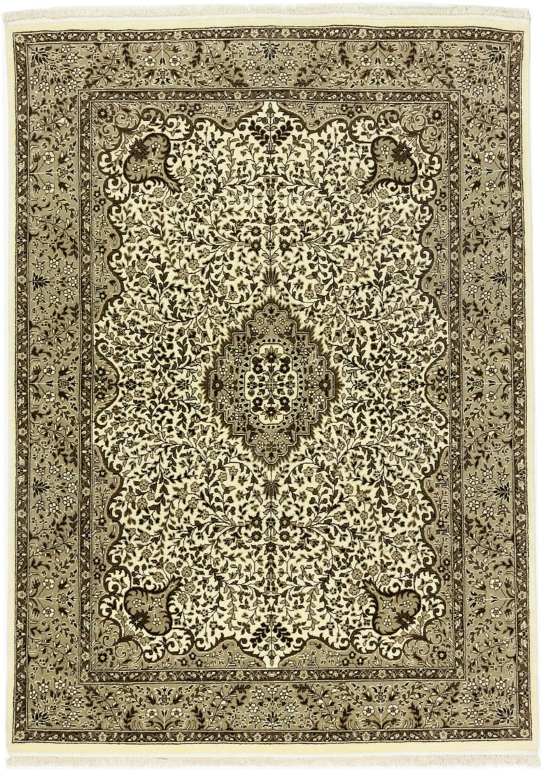 Handmade Kirman Floral Wool Area Rug 5'6 x 7'8 Modern Design: Handmade Kirman Floral Wool Area Rug 5'6 x 7'8 Modern Design Enhance your living space with this exquisite Handmade Kirman Rug, featuring a delicate cream floral pattern that complements various decor