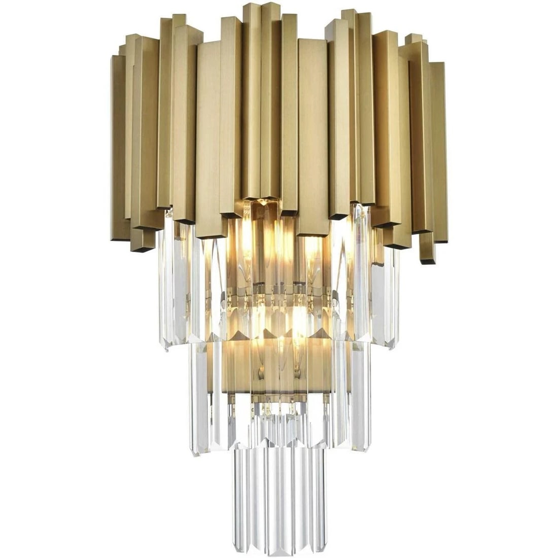 Willow 3 Light Satin Gold Crystal Wall Sconce 16 inch: Willow 3 Light Satin Gold Crystal Wall Sconce 16 inch This modern wall sconce features a satin gold frame adorned with clear royal cut crystals, offering a sophisticated lighting solution for a variet