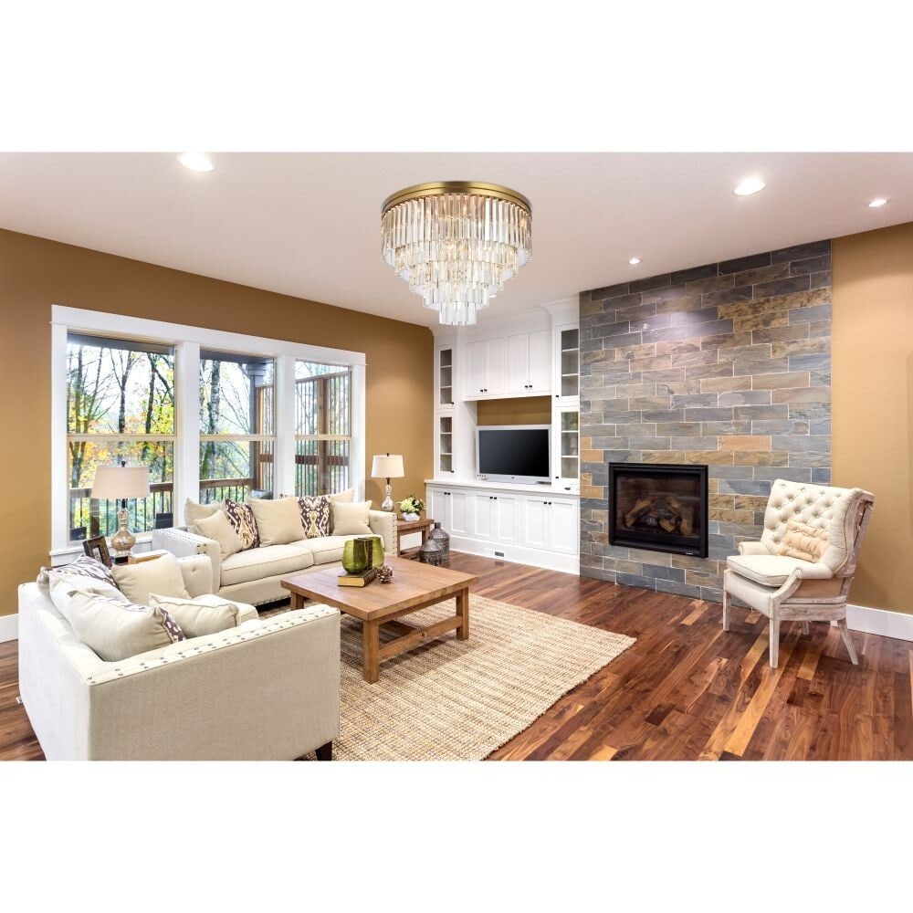 Sydney 17-Light Satin Gold Crystal Flush Mount Chandelier 32 Inch: Sydney 17-Light Satin Gold Crystal Flush Mount Chandelier 32 Inch This modern flush mount chandelier features a satin gold finish and a striking round silhouette adorned with royal cut clear crystals.