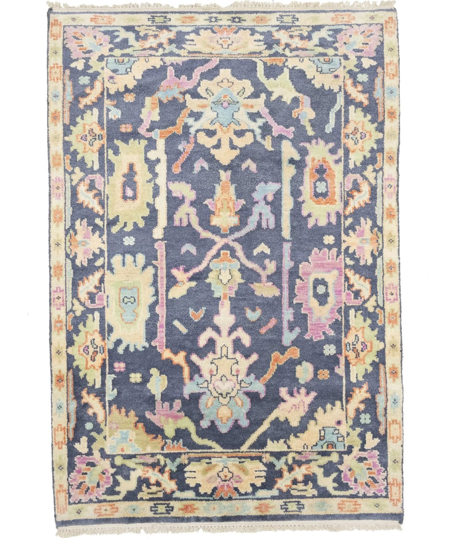 Hand Knotted Wool Floral Oushak Area Rug 4 x 6 ft: Hand Knotted Wool Floral Oushak Area Rug 4 x 6 ft This handmade Oushak Chobi Oriental rug features a floral pattern in muted tones of gray, beige, light green, light blue, and orange. Expertly hand-kn